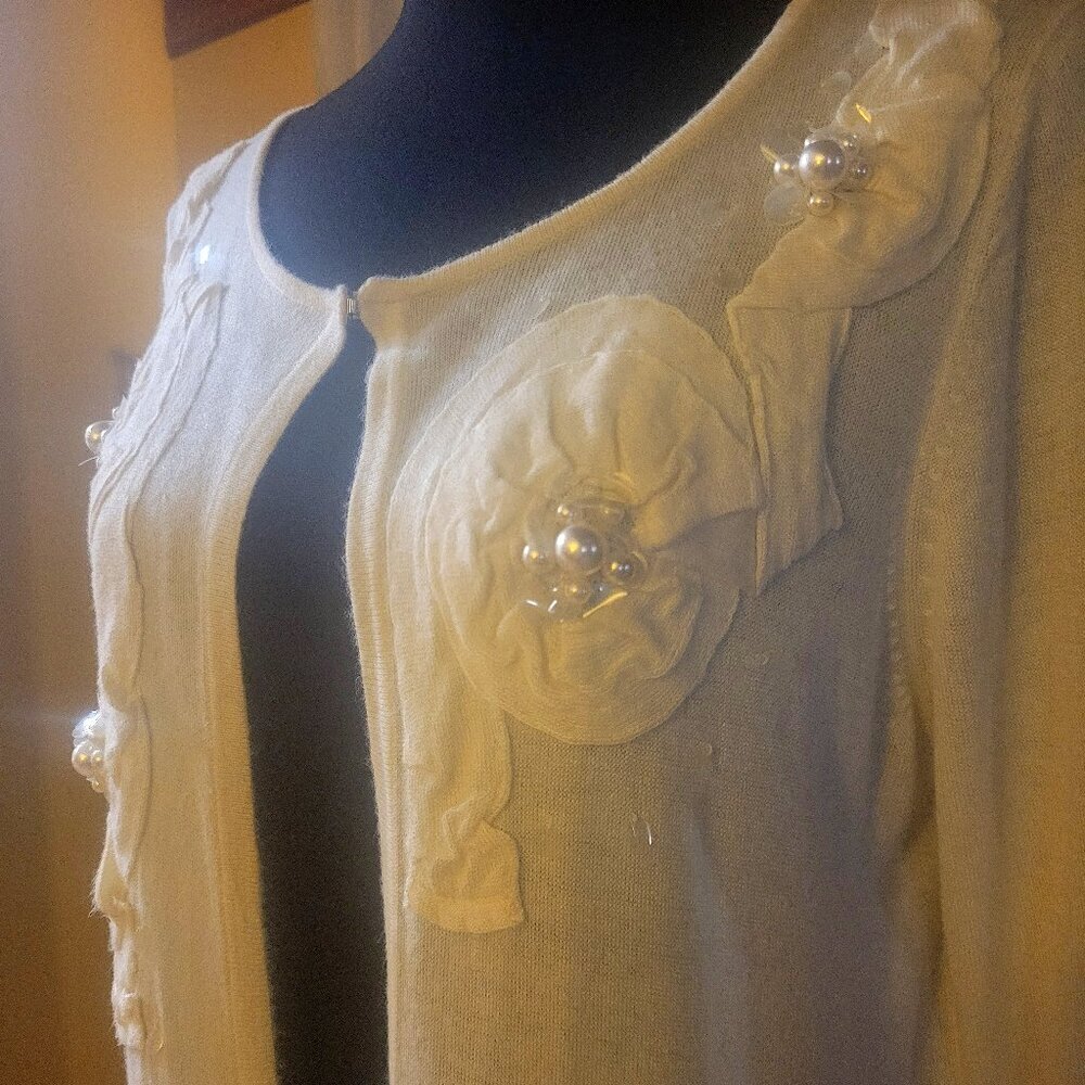 August Silk Cream Cardigan Flower/Pearl Applique - Size M